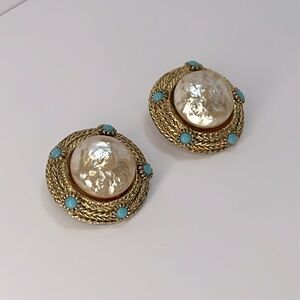Vintage Shimmery Gold and Turquoise Statement Clip-On Earrings